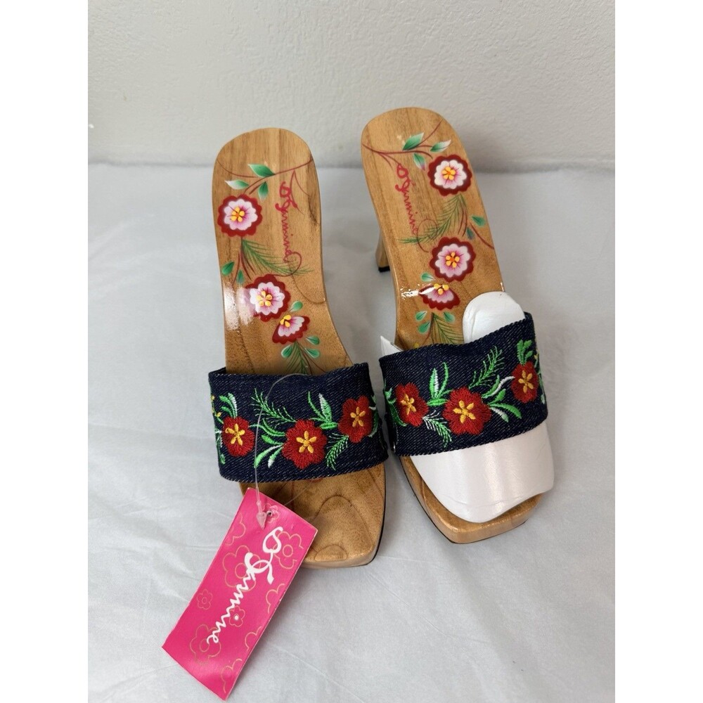 Jasmine Denim Wood Platform Clogs NWT Size 7 Floral Embroidered Mules Y2K Retro